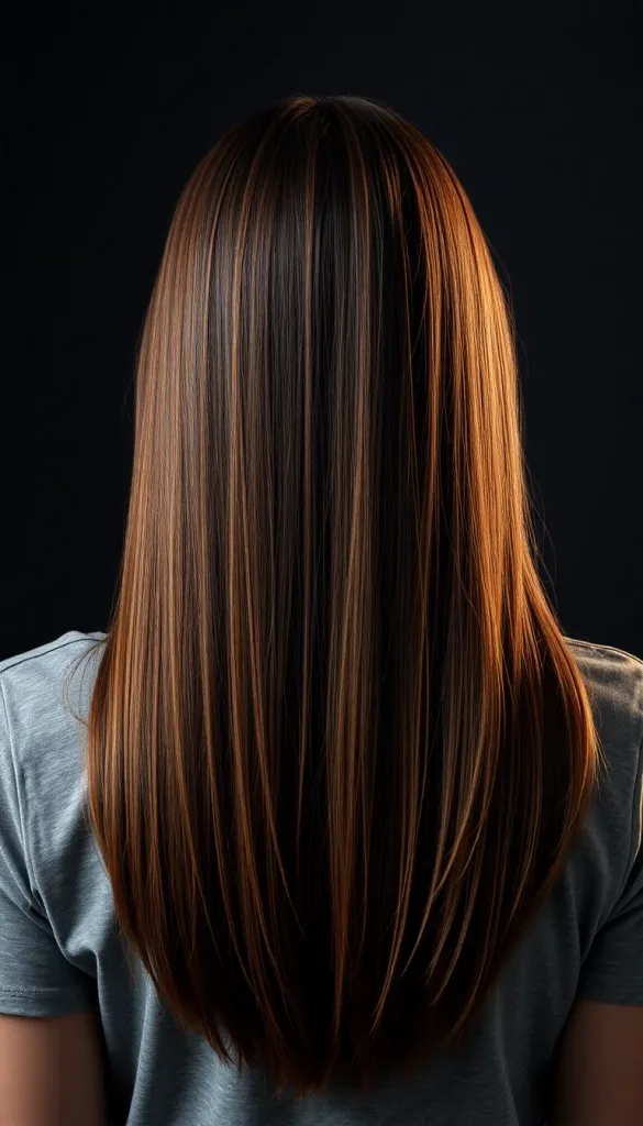 Back-facing close-up of a woman with straight honey caramel, charcoal background, casual gray t-shirt, highlighting sleek finish.