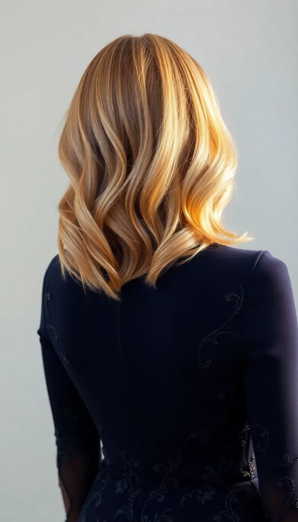 Back-facing close-up of a woman with pearl honey caramel swirl, light background, dark sapphire gown, highlighting swirled elegance.
