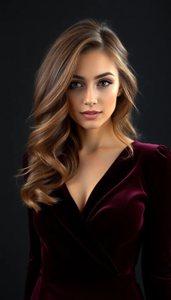 Front-facing close-up of a woman with walnut honey caramel melt, charcoal background, dark burgundy gown, highlighting seamless transition.