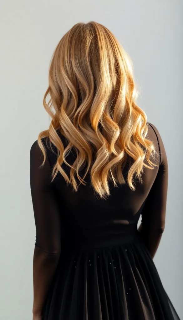 Back-facing close-up of a woman with sandy honey caramel lowlights, light background, dark charcoal gown, highlighting warm depth.