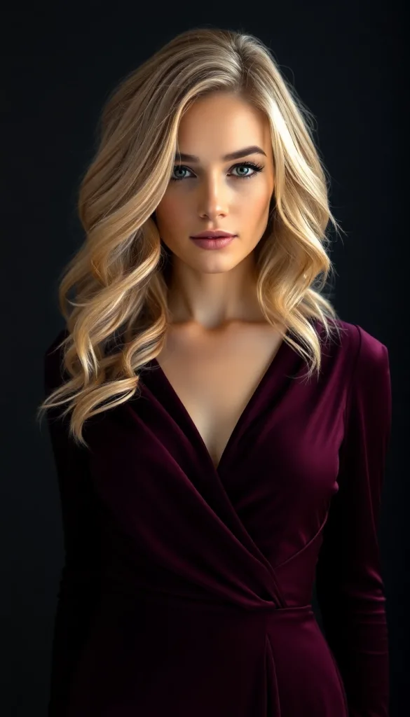 Front-facing close-up of a woman with butterscotch honey caramel blend, charcoal background, dark plum gown, highlighting golden hues.