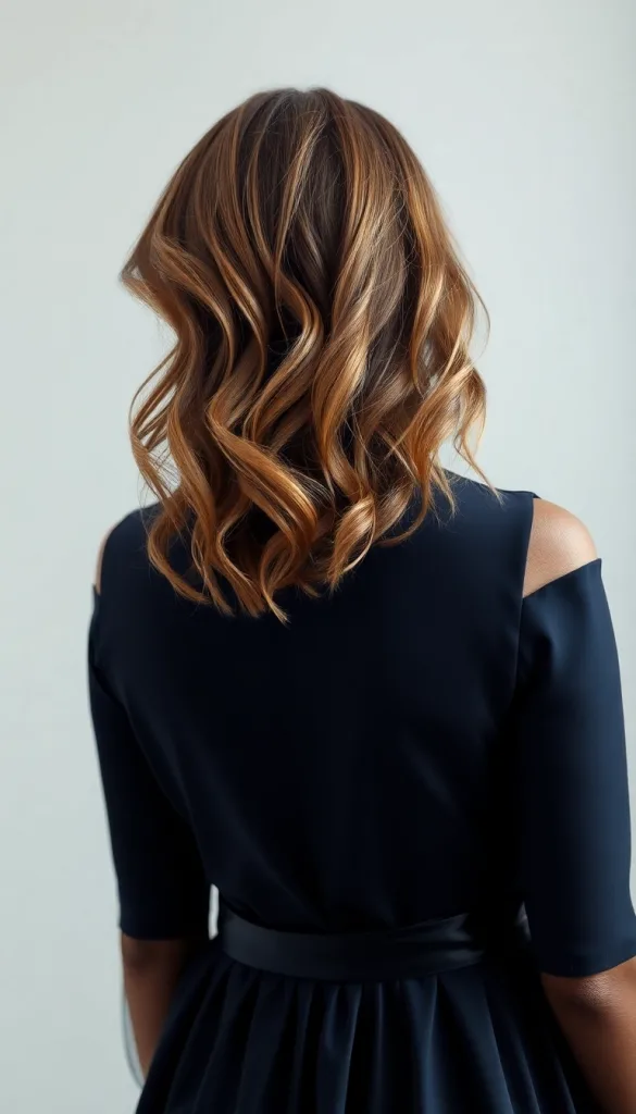 Back-facing close-up of a woman with toffee honey caramel, light background, dark navy gown, highlighting cozy warmth.