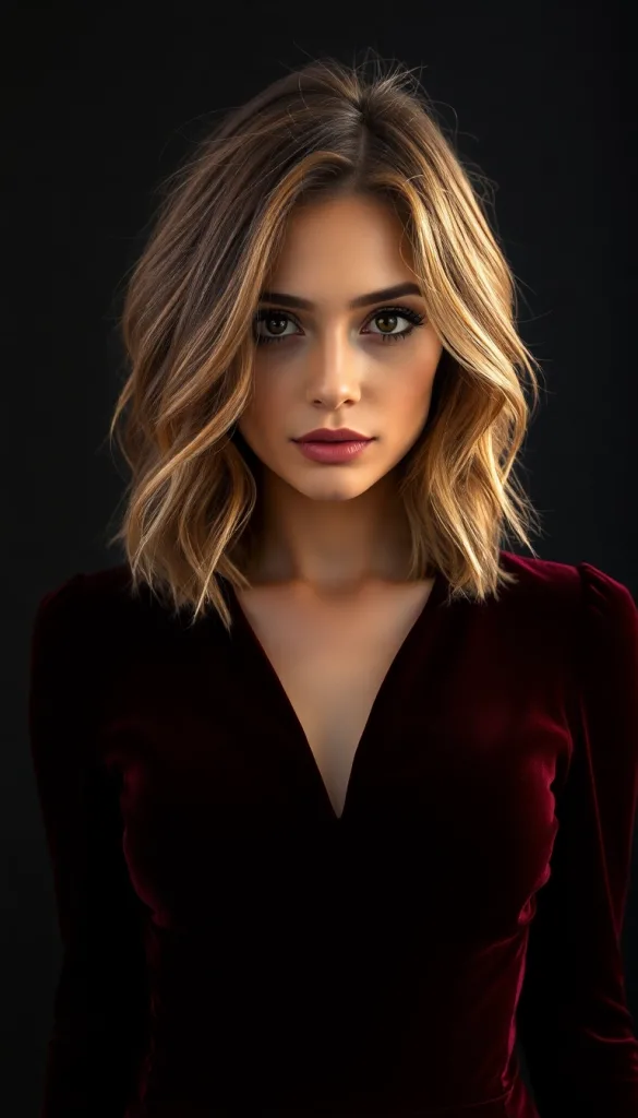 Front-facing close-up of a woman with caramel balayage choppy cut, charcoal background, dark maroon gown, highlighting radiant layers.