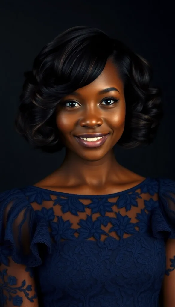 Front-facing portrait of a smiling Black woman with feathered bob, charcoal background, navy lace gown, highlighting honey streaks.