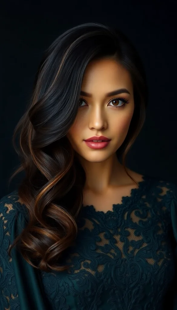 Front-facing close-up of a woman with honey caramel on black, charcoal background, dark emerald gown, highlighting dimensional glow.