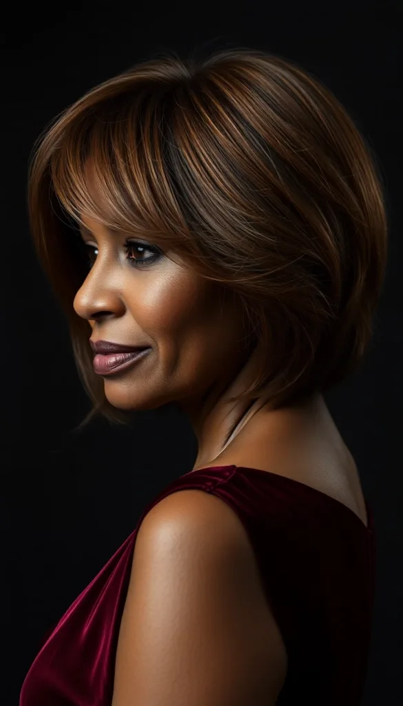 Side-facing ultra-close-up of an older Black woman with graduated bob, charcoal background, dark maroon gown, highlighting volume in back.