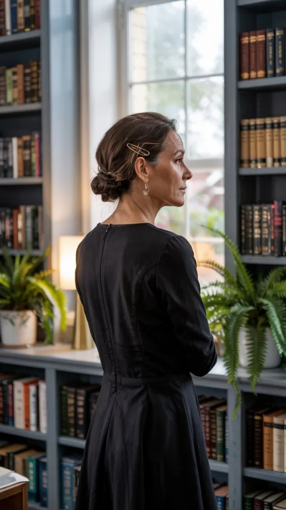 Simple pulled-back wedding hairstyle for older women, black dress, gold barrette, modern home library.