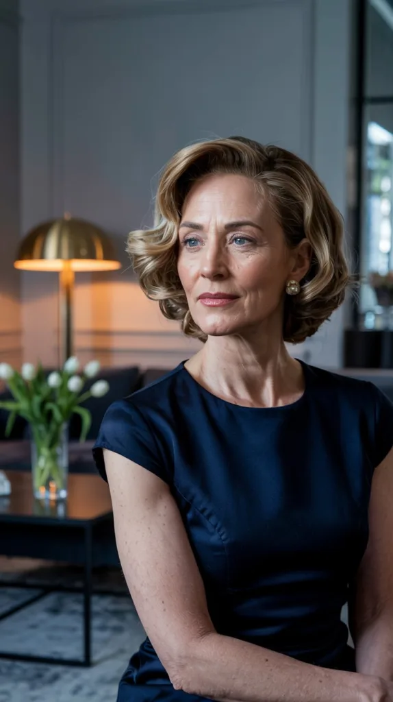 Wavy bob with side part wedding hairstyle for older women, navy dress, pearl earrings, modern living room.