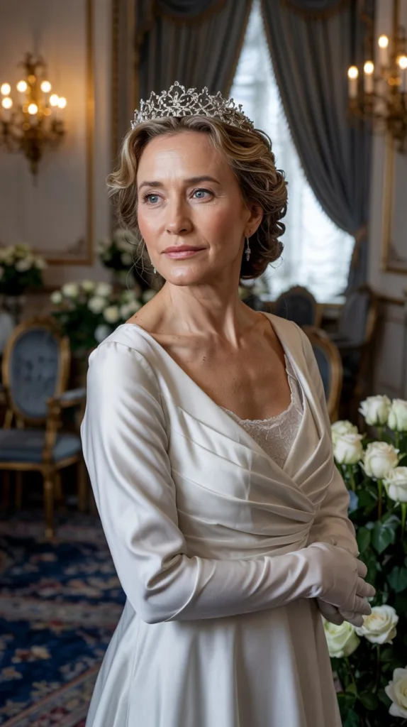 Curled ends with delicate tiara wedding hairstyle for older women, white gown, silver tiara, elegant ballroom.