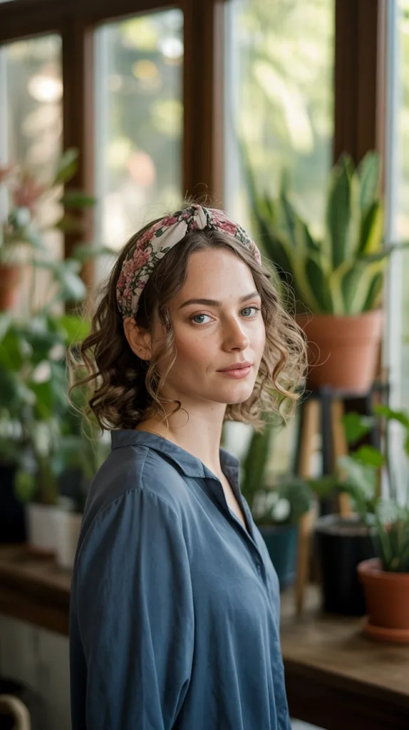 Shoulder-length curls with thick floral headband, navy blouse, sunroom.