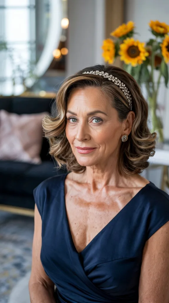 Shoulder-length curls with headband wedding hairstyle for older women, navy dress, crystal headband, modern living room.