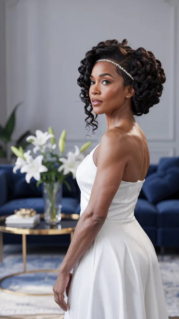 Elegant afro puff wedding hairstyle for older women, white lace gown, crystal headband, modern living room.