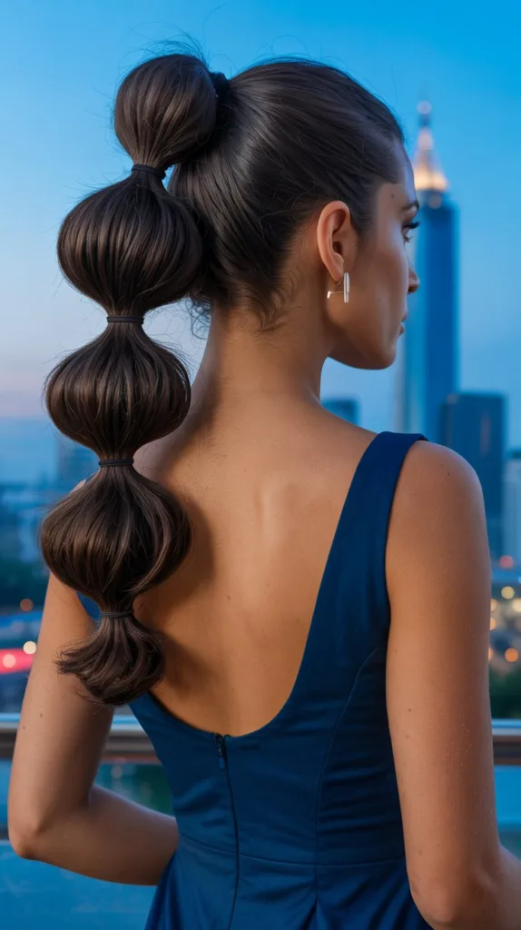 Bubble ponytail for prom, navy dress, Islamabad cityscape.