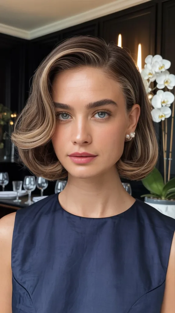 French bob with cherry cola balayage, navy dress, dining room.