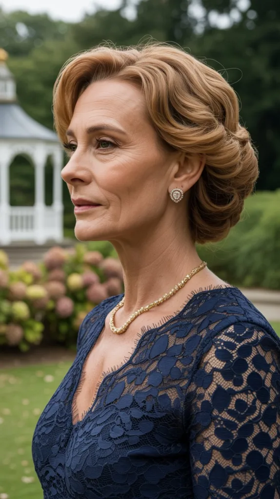 Soft side-swept curls wedding hairstyle for older women, navy lace dress, diamond earrings, garden with hydrangeas.