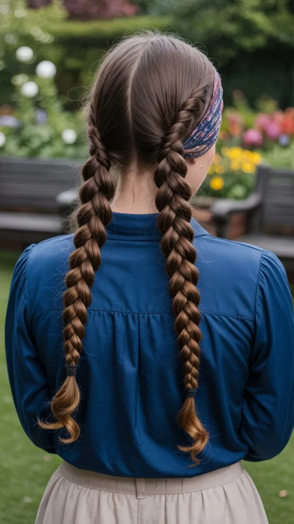 Double Dutch braids with thick patterned headband, navy blouse, garden.