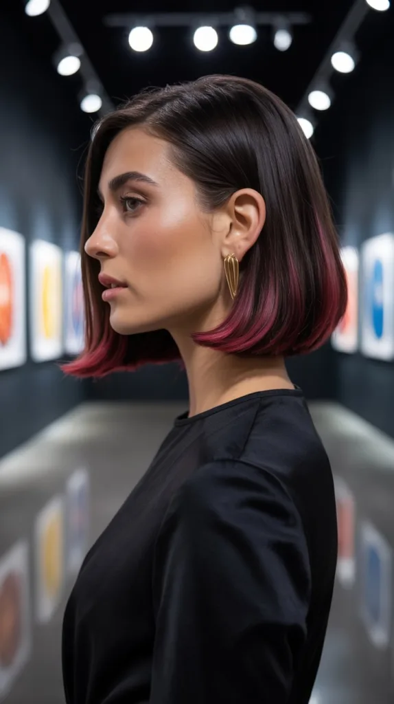 Cherry cola balayage blunt bob, black dress, art gallery.
