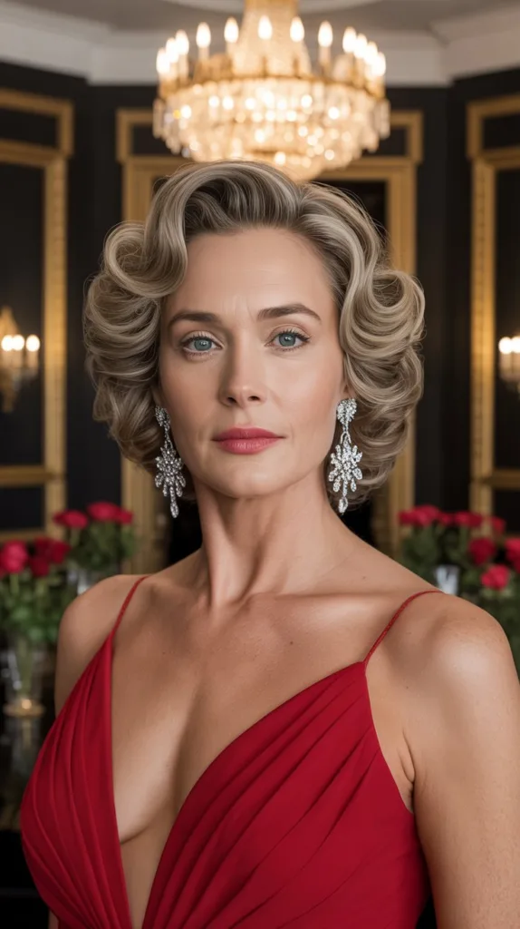 Glamorous Hollywood curls wedding hairstyle for older women, red gown, diamond earrings, elegant ballroom.