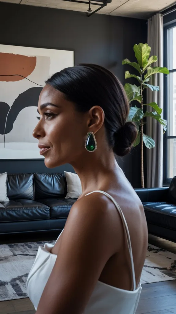 Sleek low bun with side part wedding hairstyle for older women, white gown, emerald earrings, modern loft.