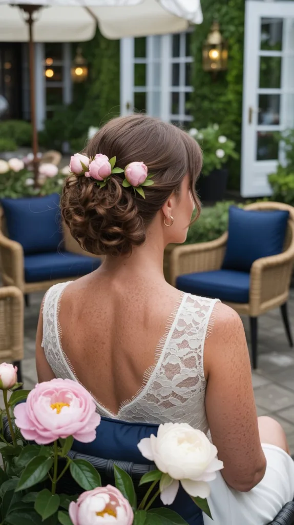 Alt Text:
Curly updo with floral accents wedding hairstyle for older women, white lace dress, pink rosebuds, garden patio.