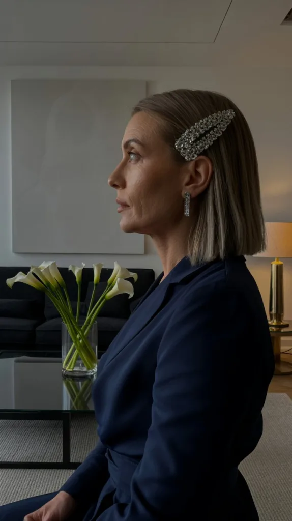 Sleek straight style with statement clip wedding hairstyle for older women, navy dress, crystal clip, modern living room.
