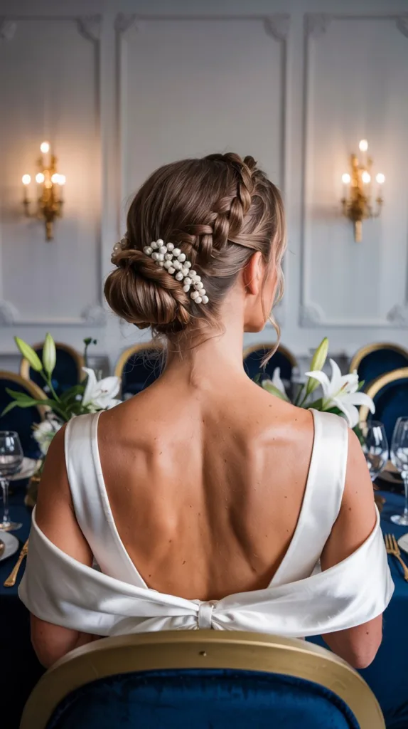 Braided low bun wedding hairstyle for older women, white satin gown, pearl hairpins, elegant dining room.