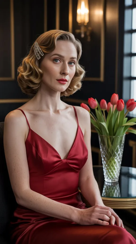 Alt Text:
Vintage-inspired waves wedding hairstyle for older women, red dress, rhinestone comb, art deco room.