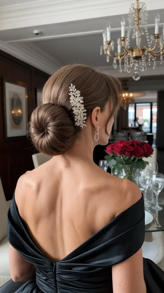 Classic French twist wedding hairstyle for older women, black gown, crystal comb, modern dining room with red roses.