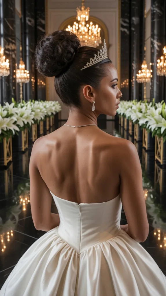 Polished high bun wedding hairstyle for older women, white dress, diamond tiara, grand ballroom.