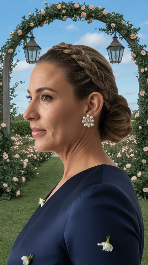 Graceful braided crown wedding hairstyle for older women, navy gown, pearl earrings, garden wedding arch.
