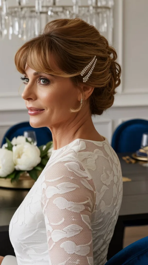 Sophisticated updo with bangs wedding hairstyle for older women, white lace dress, diamond clip, elegant dining room.