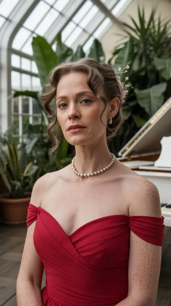 Romantic half-up half-down wedding hairstyle for older women, red dress, pearl necklace, conservatory with green plants.