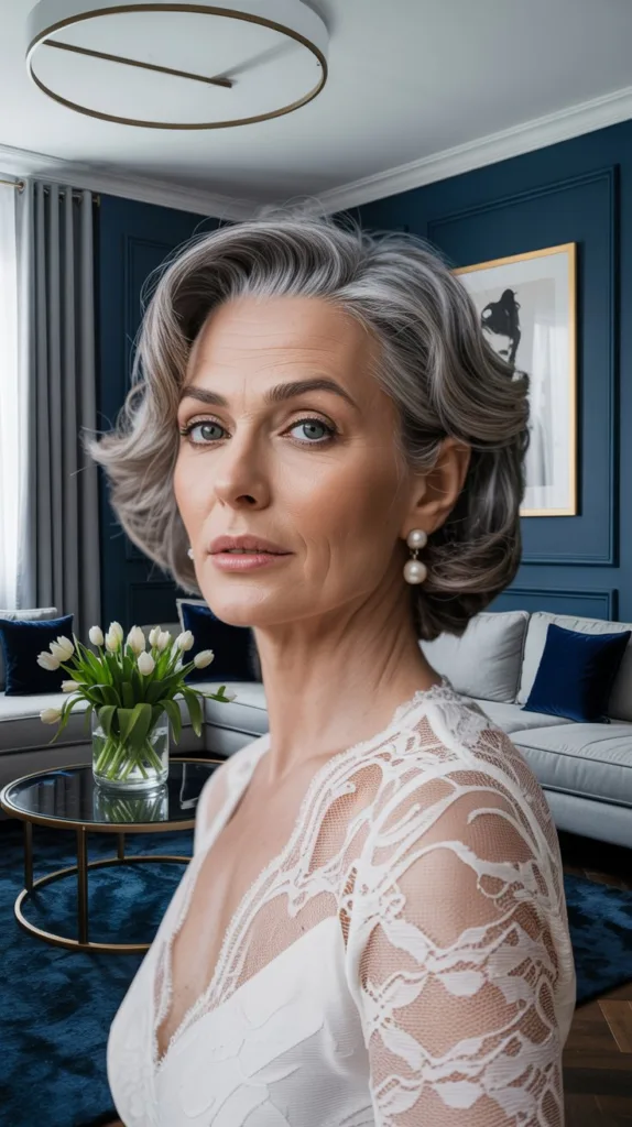 Natural gray waves wedding hairstyle for older women, white lace dress, pearl earrings, modern living room.