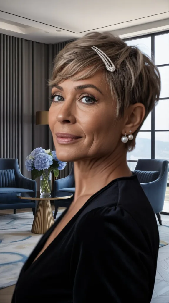 Textured pixie cut wedding hairstyle for older women, black dress, silver hairpin, modern lounge.