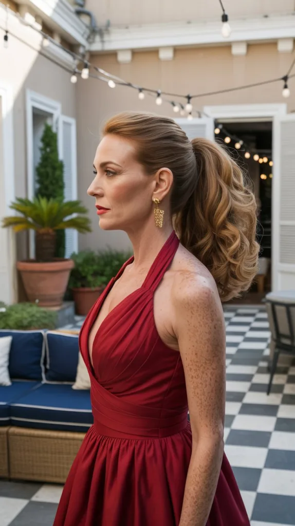 Elegant ponytail with volume wedding hairstyle for older women, red gown, gold earrings, outdoor terrace.
