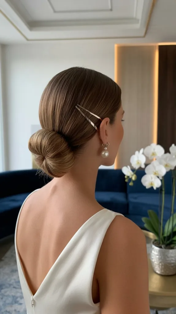 Elegant low chignon wedding hairstyle for older women, white dress, pearl earrings, modern navy living room, silver hairpin.