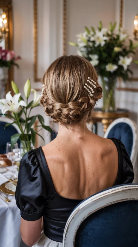 Tucked French braid wedding hairstyle for older women, black dress, pearl hairpins, elegant dining room.